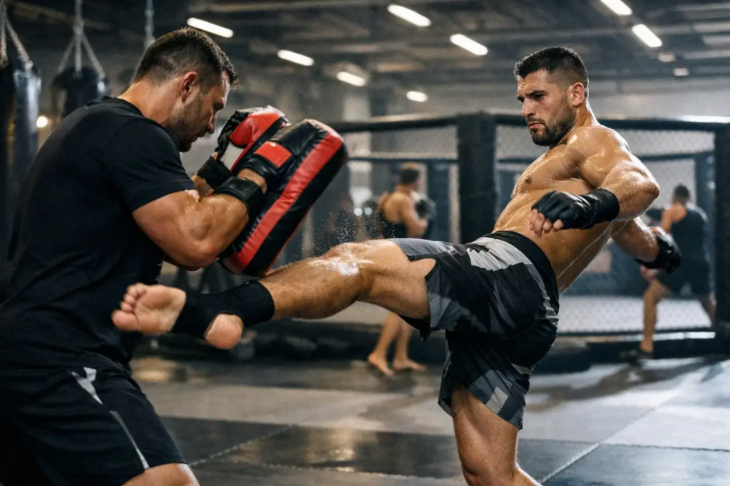 MMA fighter training striking technique with coach in professional gym