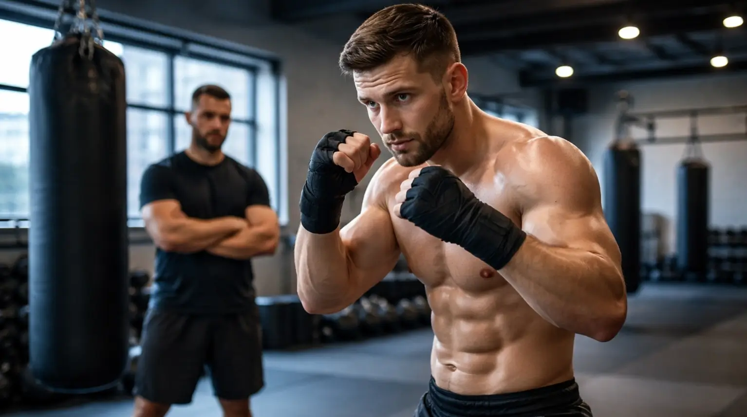MMA fighter training in gym with coach observing