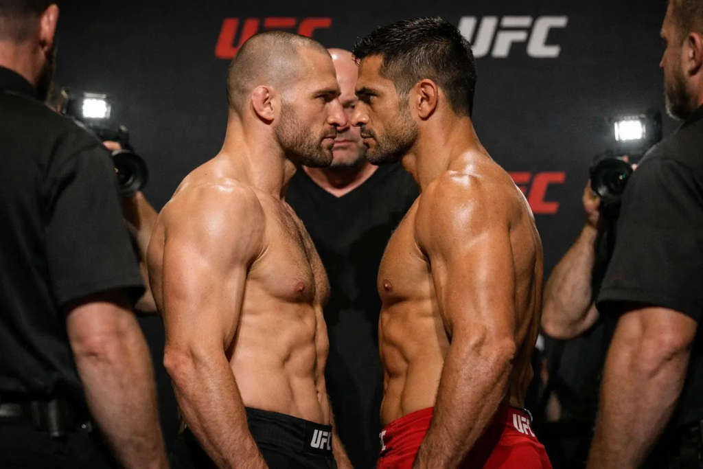 Two MMA fighters in intense faceoff at official weigh-in ceremony