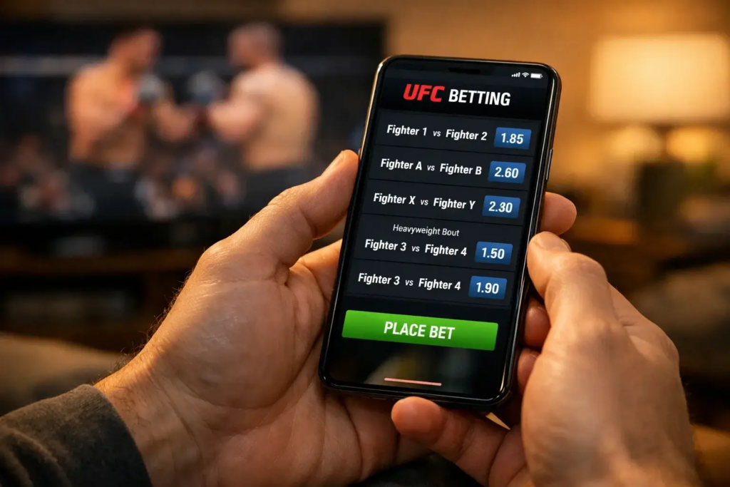 Person using smartphone sports betting app to place UFC wager