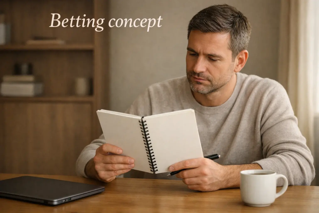 Person thoughtfully reviewing betting notes and setting personal limits