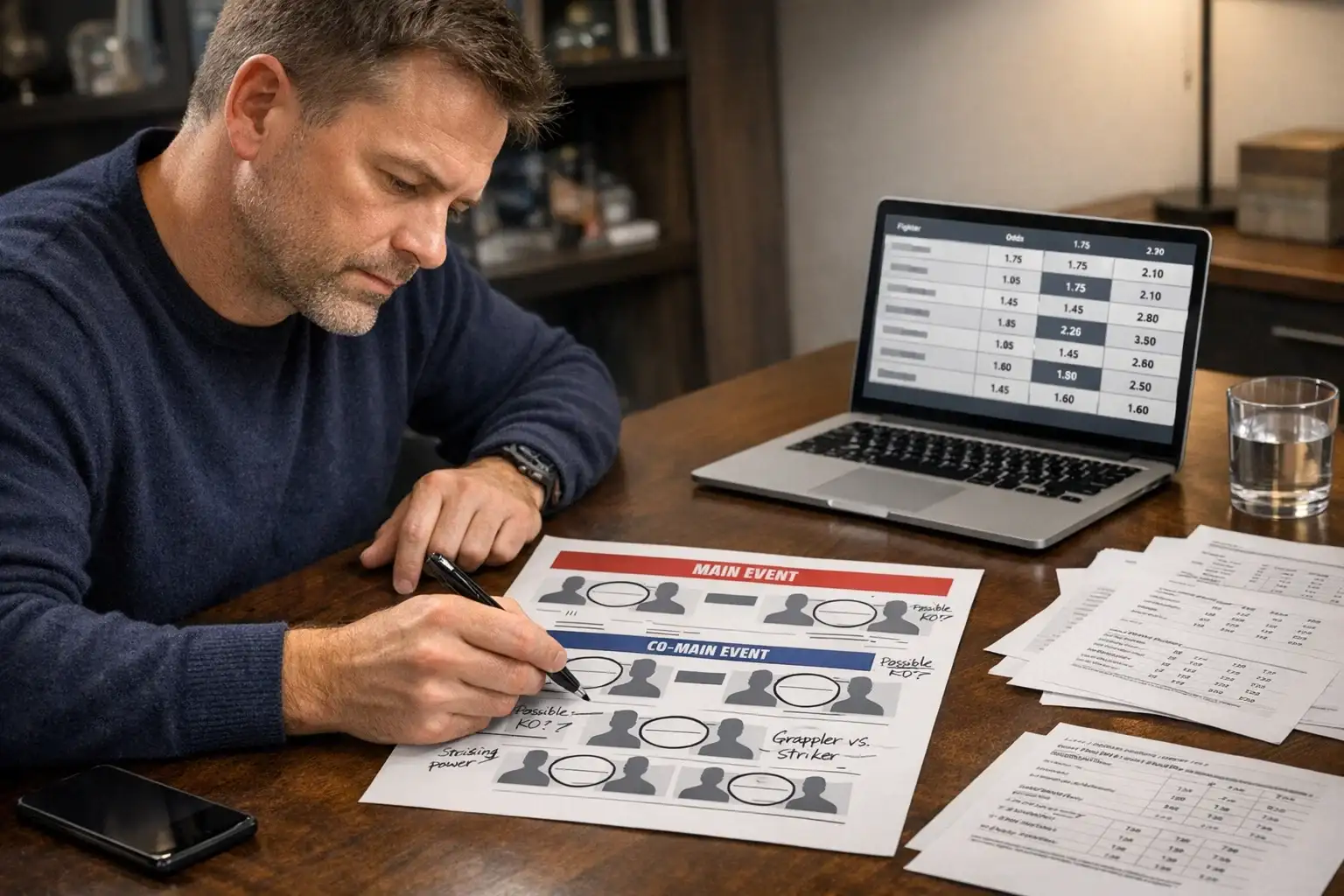 UFC analyst studying fight card with notes and predictions