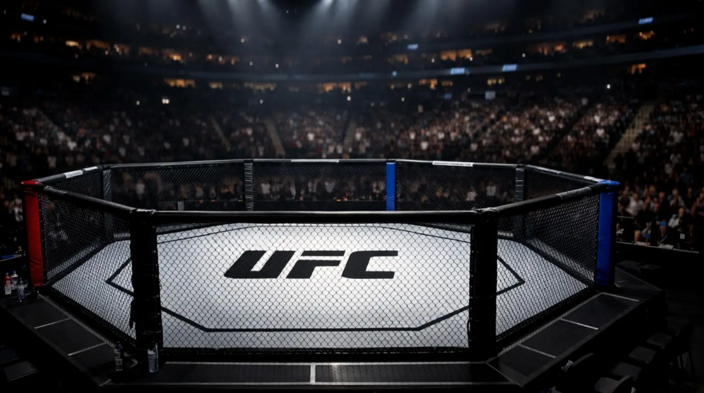UFC octagon arena with dramatic lighting before a major fight night