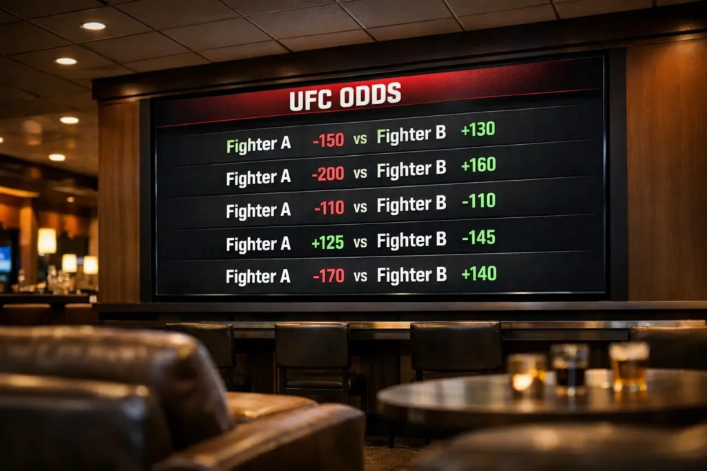 Sports betting odds board showing UFC fight moneylines and statistics